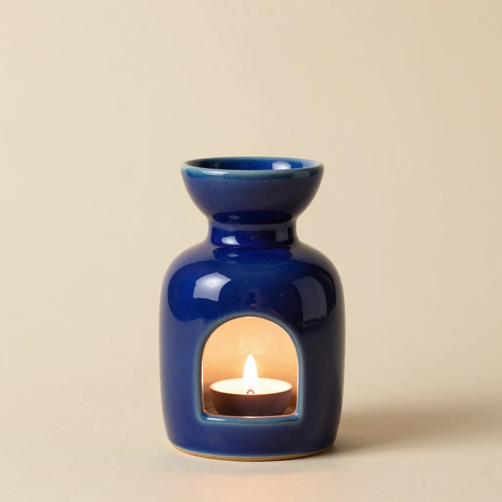 A cobalt ceramic oil diffuser lamp on a light background