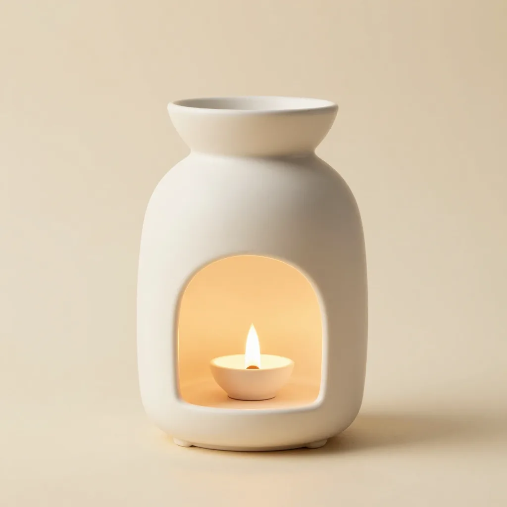 A cream ceramic oil diffuser lamp on a light background
