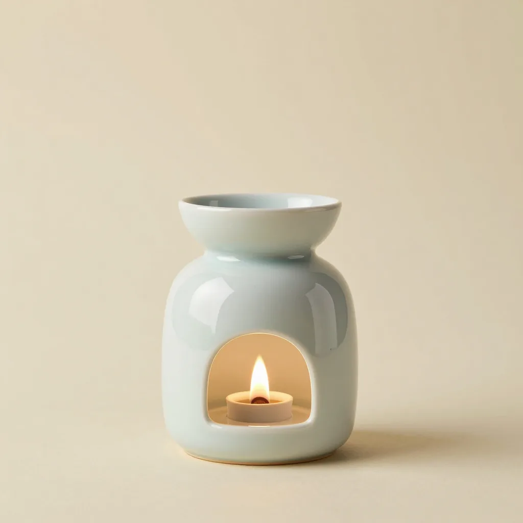 A small sage ceramic oil diffuser lamp on a light background