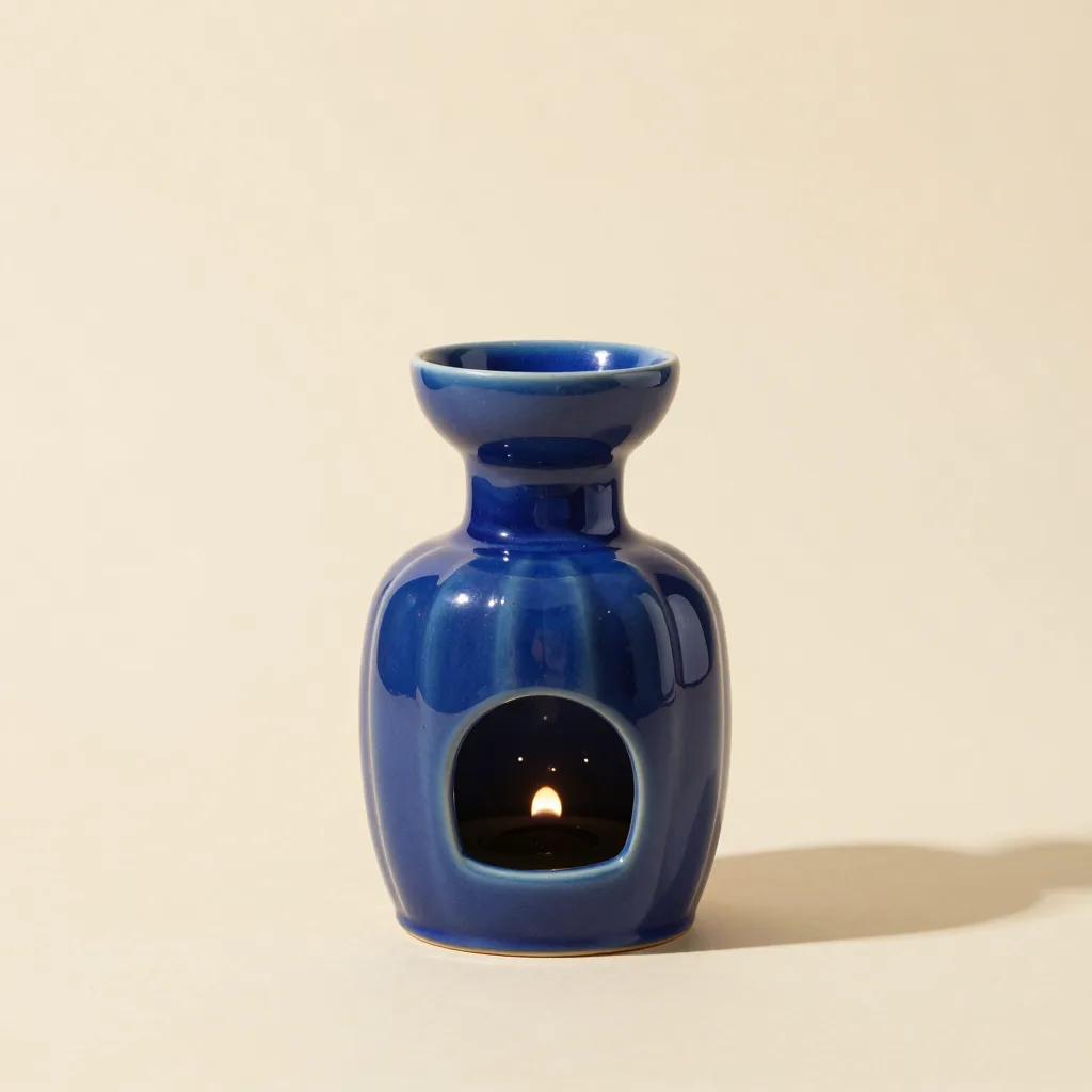 A fluted cobalt ceramic oil diffuser lamp on a light background