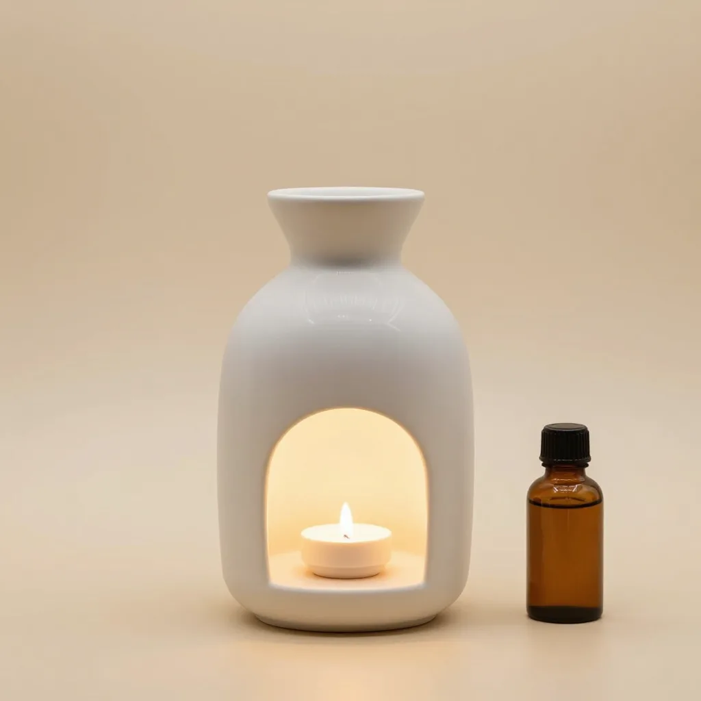A ceramic diffuser lamp with an oil bottle on a light background