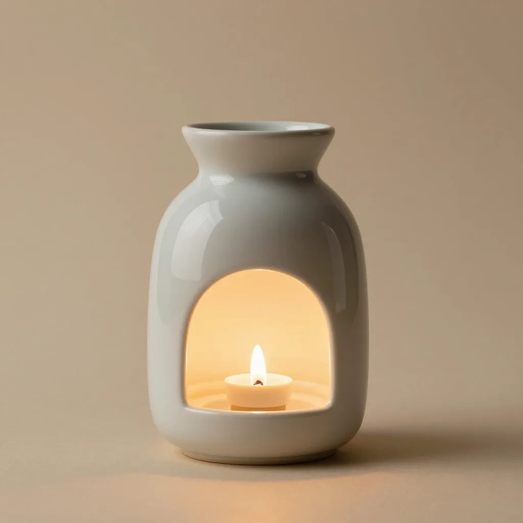 A sage ceramic oil diffuser lamp on a light background