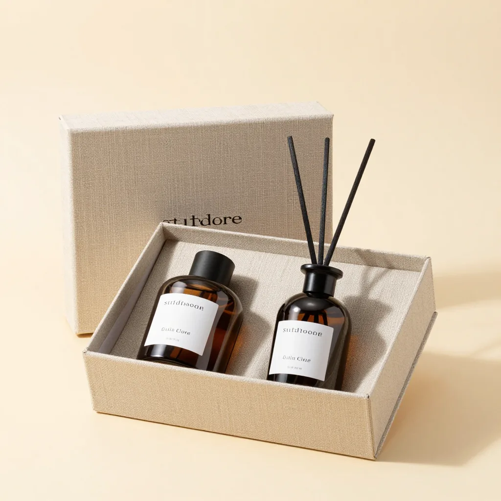A studio diffuser gift set in a linen box on a light background
